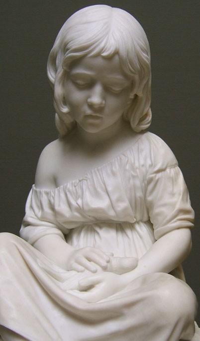 Sculpture of a little girl with a dead bird.